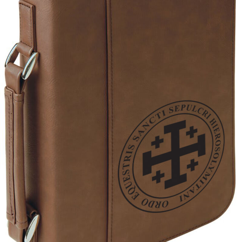 7 1/2" x 10 3/4" Dark Brown Leatherette Book/Bible Cover with Handle & Zipper with laser engraved Ordo Equestris logo Thumbnail