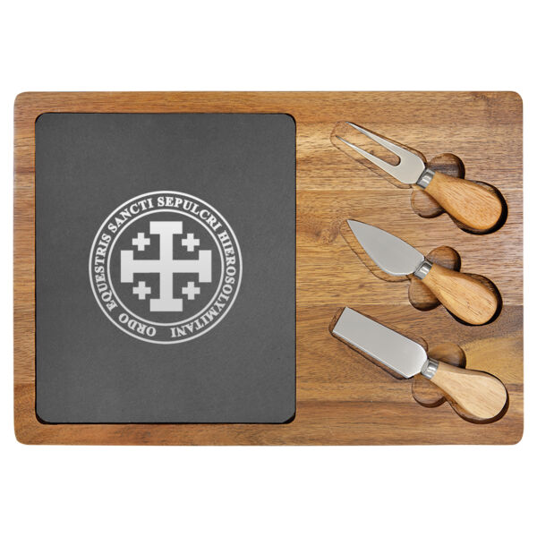 13 3/4" x 9 3/4" Acacia Wood/Slate Rectangle Cheese Set with Three Tools Thumbnail