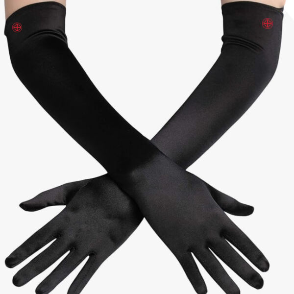 Women's Long Black Satin Elbow Length Formal Gloves with Jerusalem Cross on Top of Both Gloves  Thumbnail